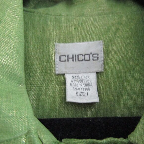 Chico's Linen Blend Jacket 1 Green Shimmer Boho Artsy Coastal Grandma Vintage - Picture 5 of 10